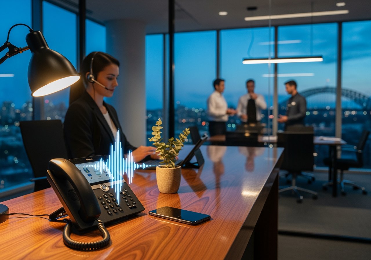 A professional customer support agent wearing a headset working at a desk with a phone, laptop, and plant in a high-rise office overlooking a cityscape during evening hours.