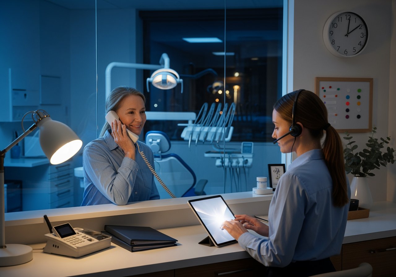 Friendly dental clinic customer support agent assisting a patient via phone and tablet, showcasing AI-powered communication solutions for healthcare providers.