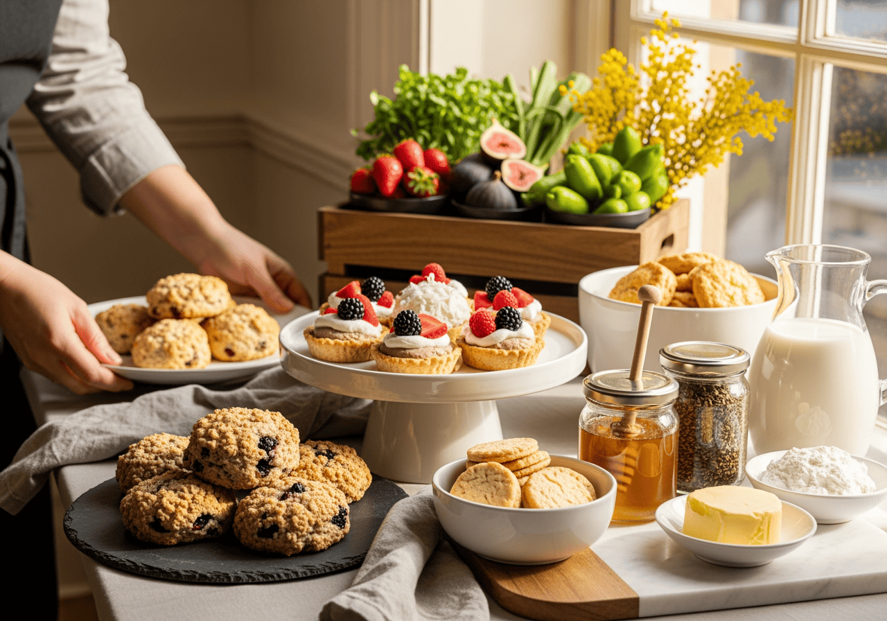 Close-up of assorted homemade cookies, berry-topped tarts, fresh fruit, and breakfast condiments on a breakfast table with natural light.