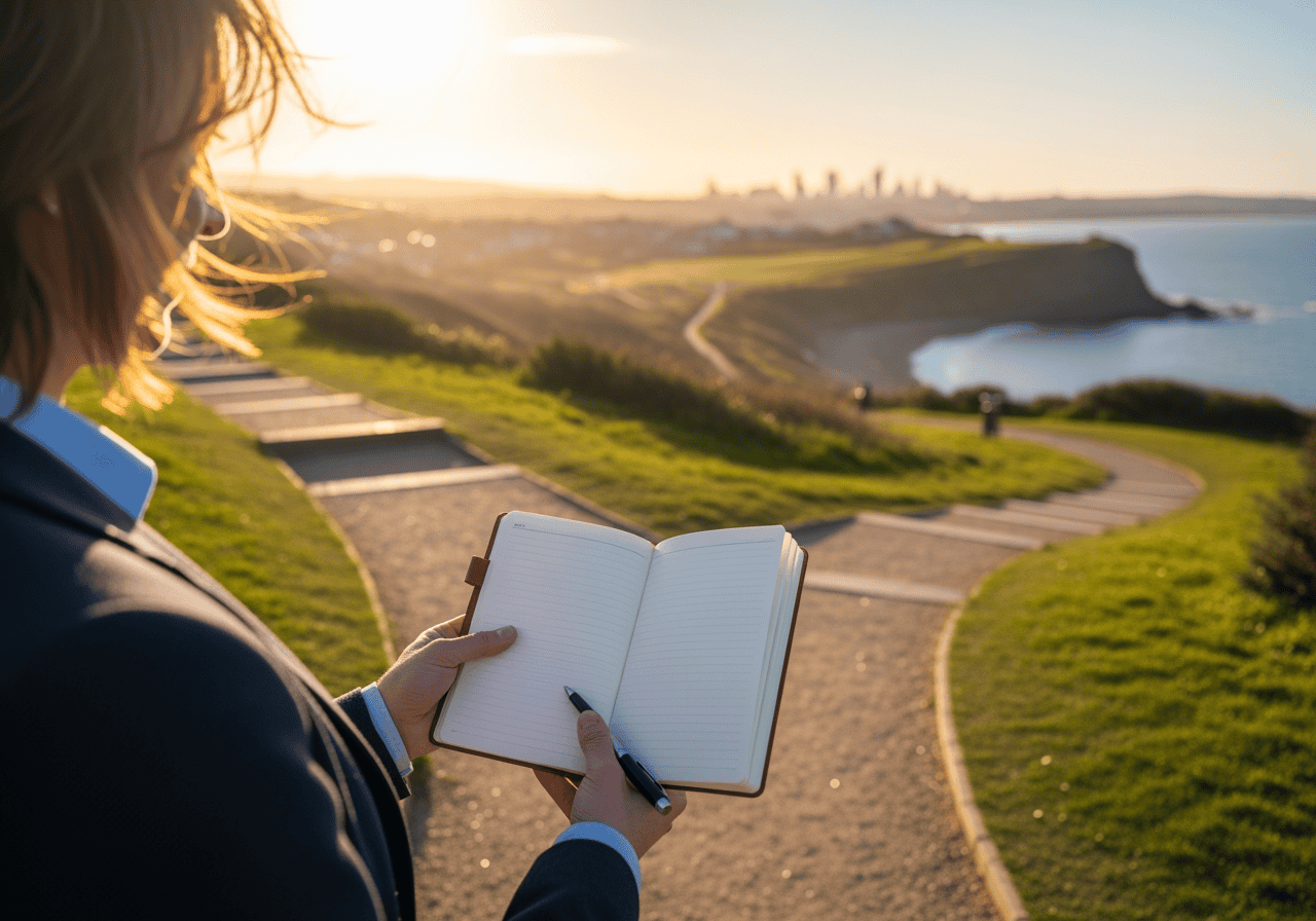 Woman holding a notebook and pen while walking along a scenic coastal path at sunset, with ocean views and lush greenery, highlighting outdoor activities and nature exploration.