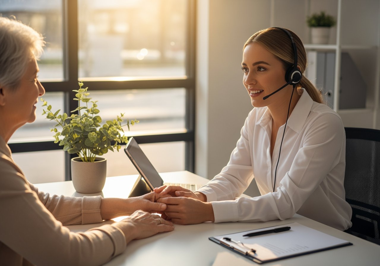 Friendly customer support agent using a headset to assist a client in a modern office, highlighting AI-powered customer service solutions for businesses.