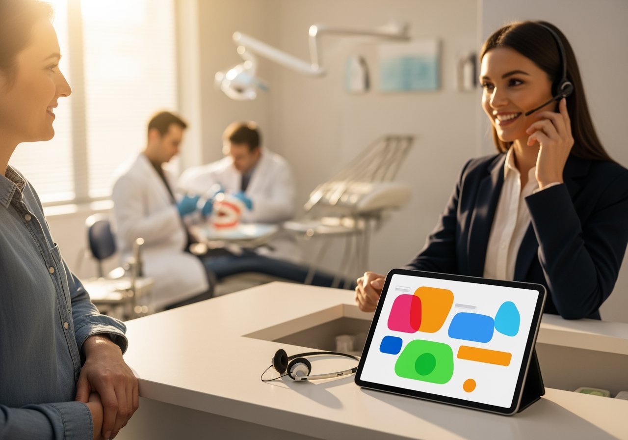 Friendly customer support agent using a tablet with AiDial interface to assist a client in a modern dental clinic setting, showcasing AI-powered communication solutions.