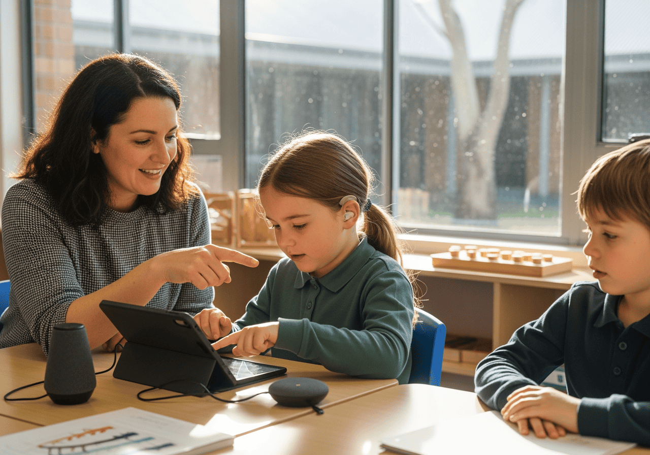 Teacher assisting young students with tablet in classroom, promoting digital learning and educational technology in Australia.