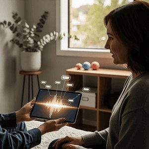 Two women engaging with a tablet displaying a voice wave graphic, representing AI-driven voice technology for customer service solutions in a modern office setting.