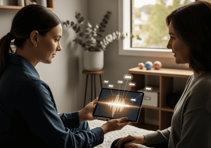 Two women engaging with a tablet displaying a voice wave graphic, representing AI-driven voice technology for customer service solutions in a modern office setting.