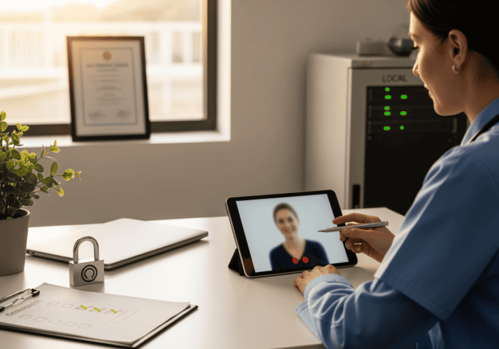 Healthcare professional conducting a telehealth consultation with a patient via tablet, emphasizing remote medical care and digital health services.