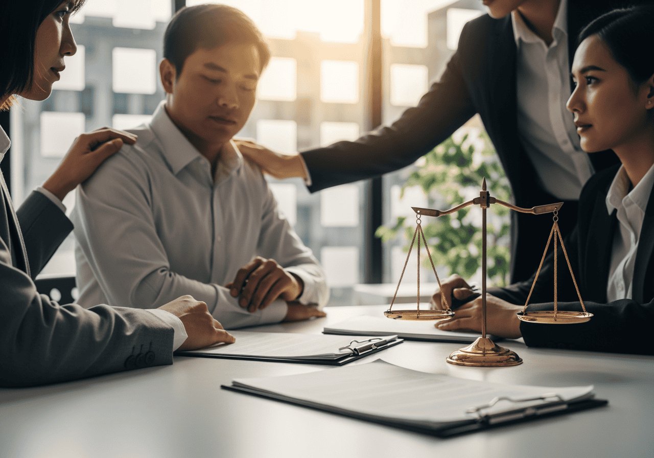 An image of a legal consultation with lawyers and a client discussing case details in a professional office setting, with legal scales symbolizing justice and law.