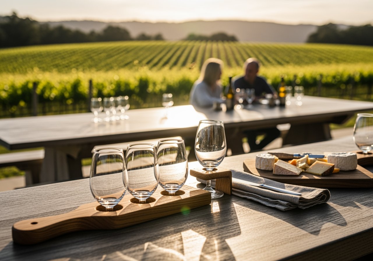 A scenic vineyard outdoor dining scene featuring wine glasses, cheese platter, and a couple enjoying a sunset meal with lush green vines in the background.