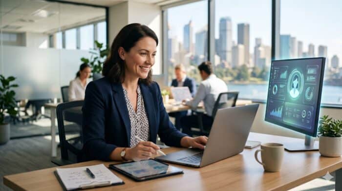 A woman working on a laptop in a bright, modern office with large windows and city skyline view, representing AI-powered customer support solutions for businesses.