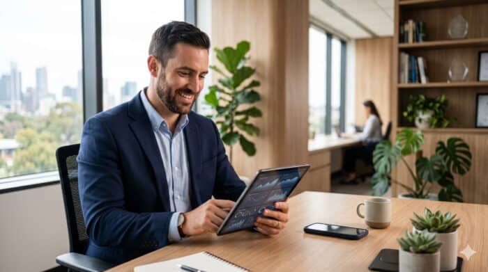 Professional man using a tablet in a modern office, showcasing AI-powered communication technology for business efficiency and customer engagement.