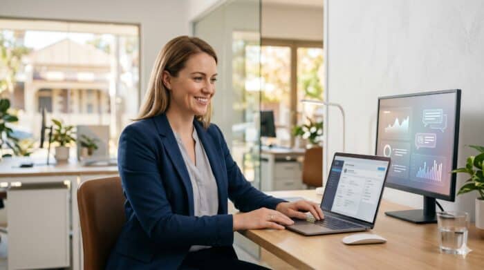 An image of a professional woman in a business suit working on a laptop and desktop computer in a modern office, demonstrating AI-powered customer service solutions for efficient communication.