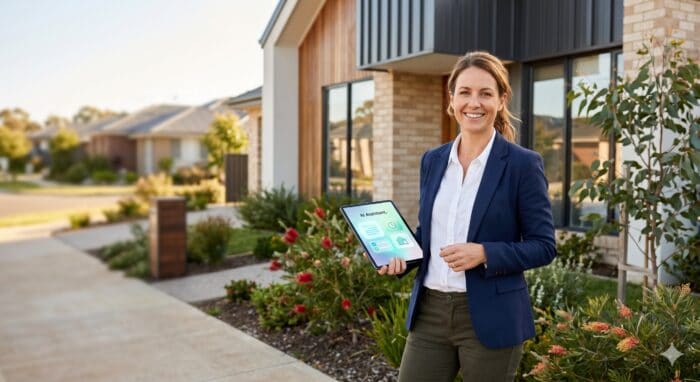 Smiling woman in business attire holding a tablet outside a modern house, showcasing smart home technology and digital connectivity for enhanced home automation.