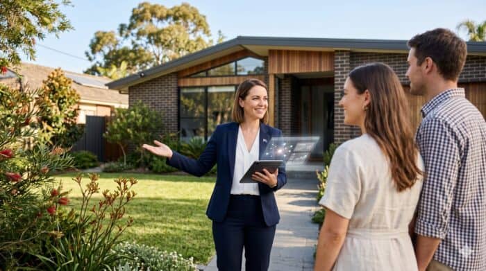 realtor ai - Real estate agent in a navy blazer presenting a property to a couple outside a modern home, showcasing profes...