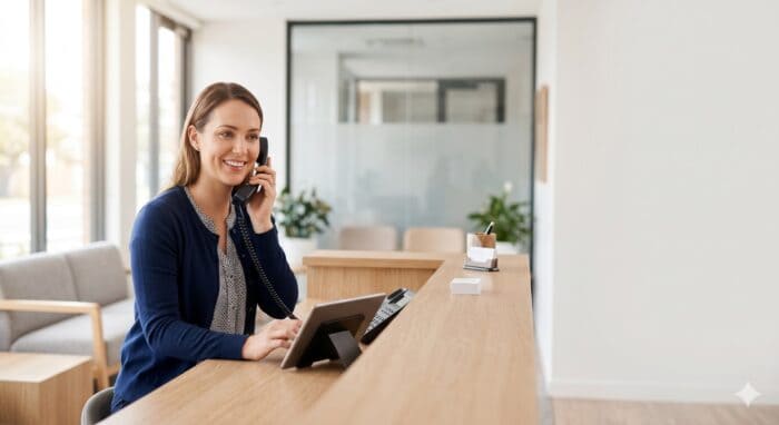 A friendly woman smiling and talking on the phone at a reception desk in a modern office environment, representing professional customer support and communication services.