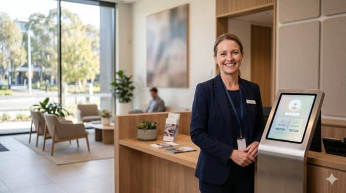 AI receptionist for government kiosk at a public sector office reception area in a professional office environment