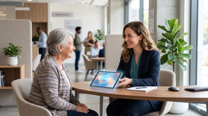 Friendly customer support representative assisting an elderly woman with digital device in a modern office setting, highlighting AI-powered communication solutions.