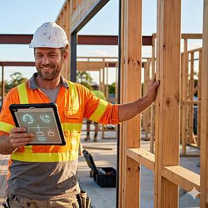builder answering service - Construction worker in safety gear inspecting a building frame with a tablet at an Australian ...