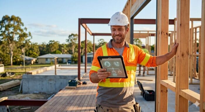 builder answering service - Construction worker in safety gear inspecting a building frame with a tablet at an Australian ...
