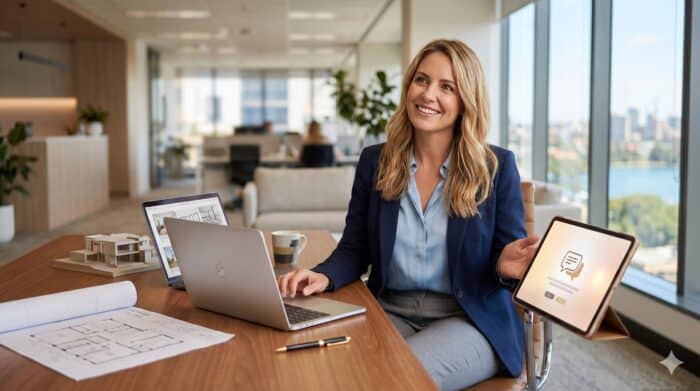 Professional woman using a tablet and laptop in a modern office, showcasing AI-powered customer service technology for efficient business communication.
