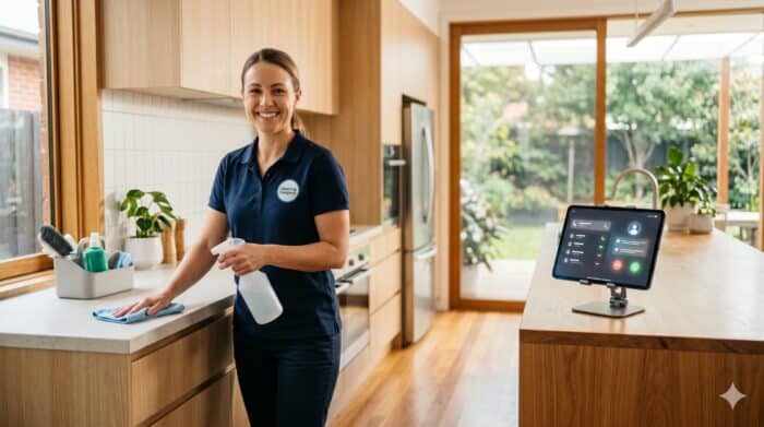Professional cleaner using spray and tablet in a bright, modern kitchen with wooden cabinets and large windows, promoting cleaning services and home maintenance.