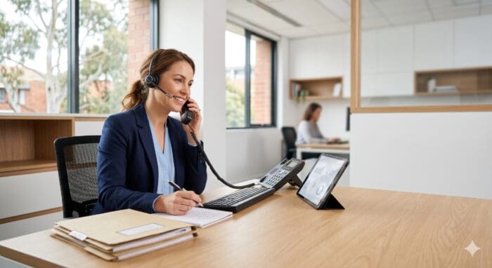Friendly customer support agent with headset working at a modern office desk, providing professional assistance for AiDial communication solutions.