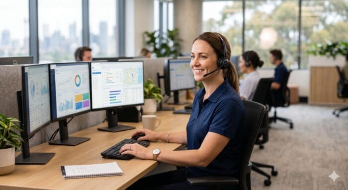 A friendly customer support agent with a headset working at a multi-monitor setup in a bright, modern office, providing professional assistance for AiDial communication solutions.