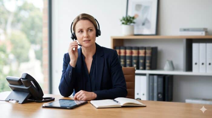 Customer support agent wearing a headset, working at a modern office desk with a phone, notebook, and computer, providing professional customer service and assistance.