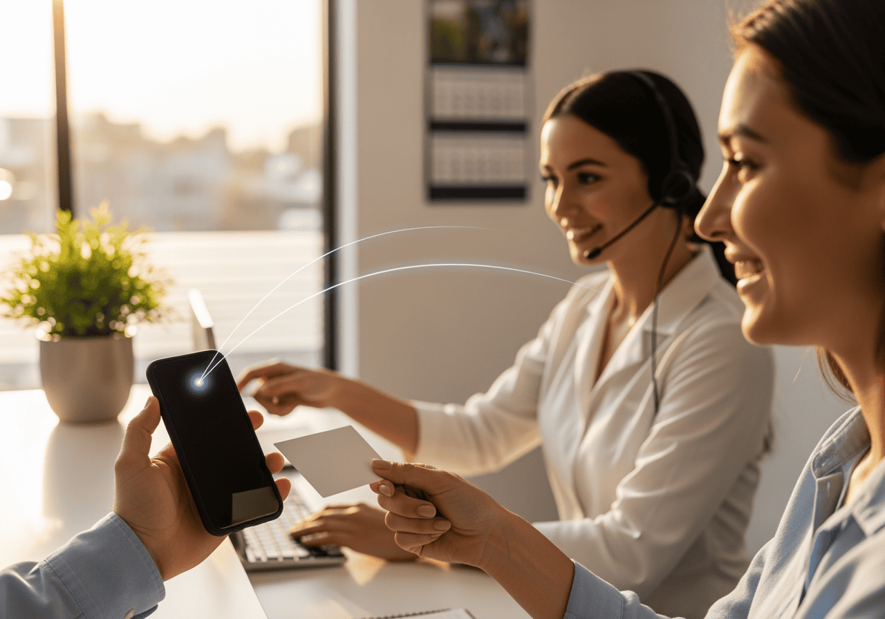 Two customer service representatives using AI-powered communication tools on smartphones and headsets, demonstrating innovative call center solutions for improved customer engagement.