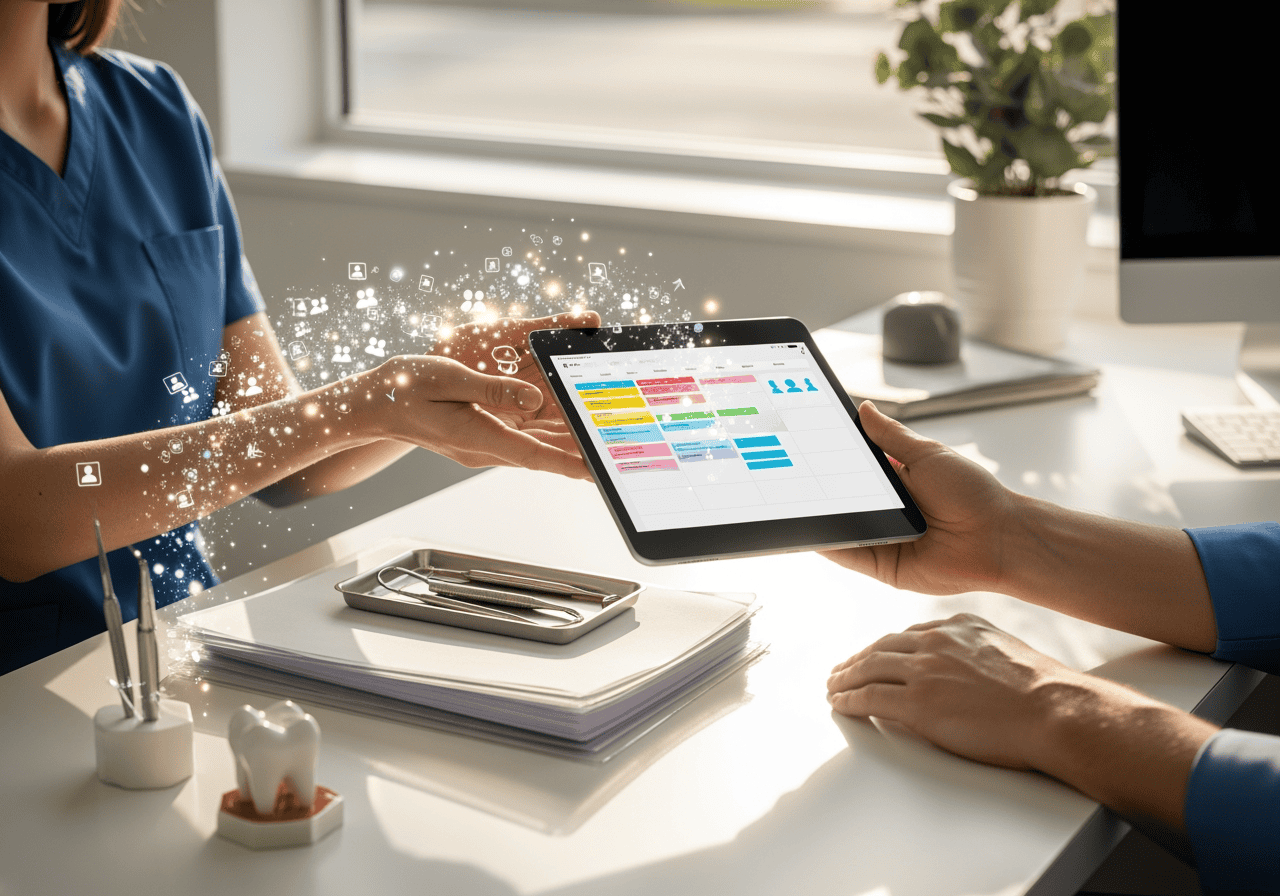 Two professionals exchanging a tablet displaying AI Dial's appointment scheduling interface, highlighting efficient digital calendar management for healthcare and business appointments.