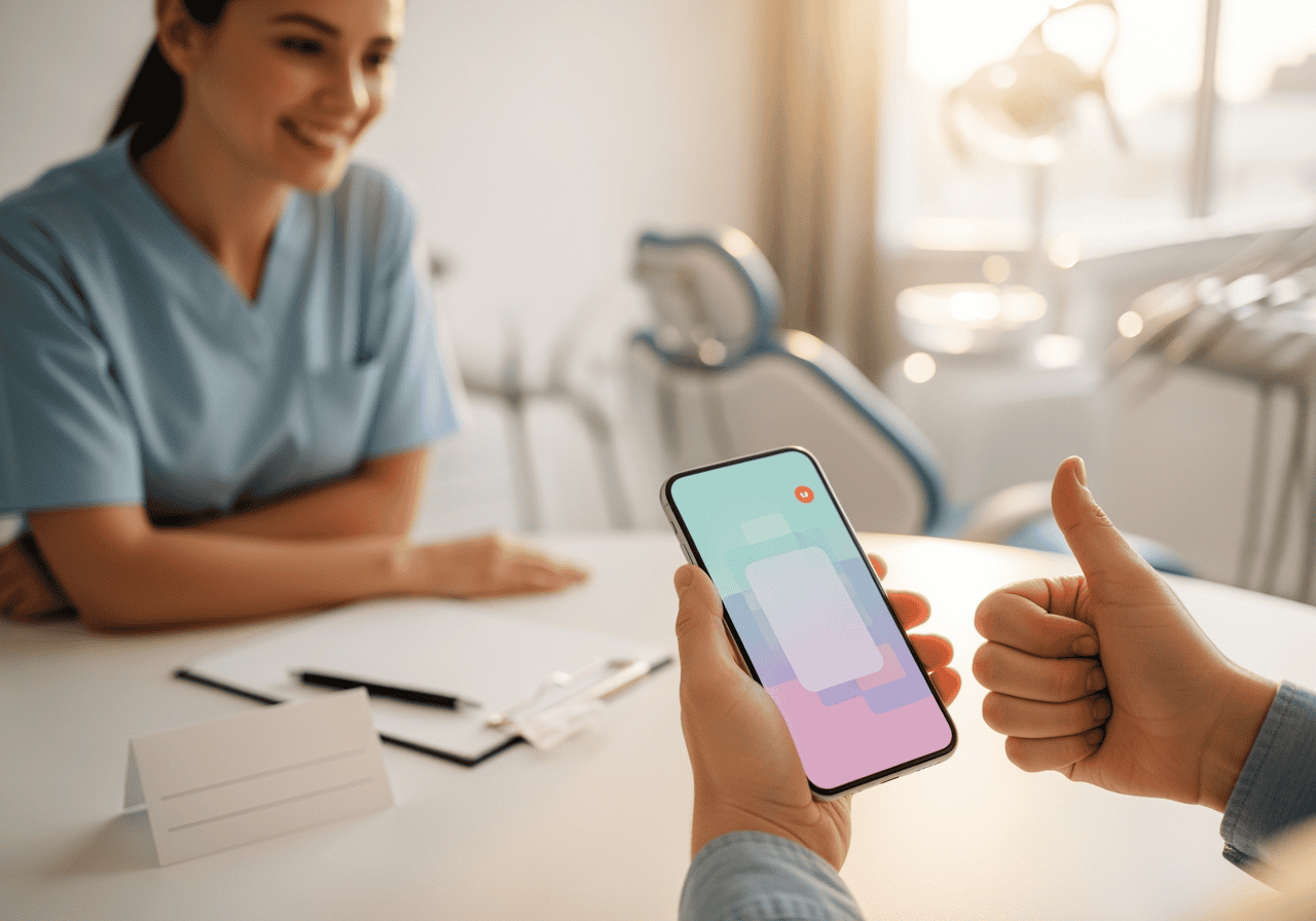 A friendly healthcare professional smiling during a consultation while a patient shows a smartphone with a health app, highlighting AI-powered telehealth solutions for improved patient care.
