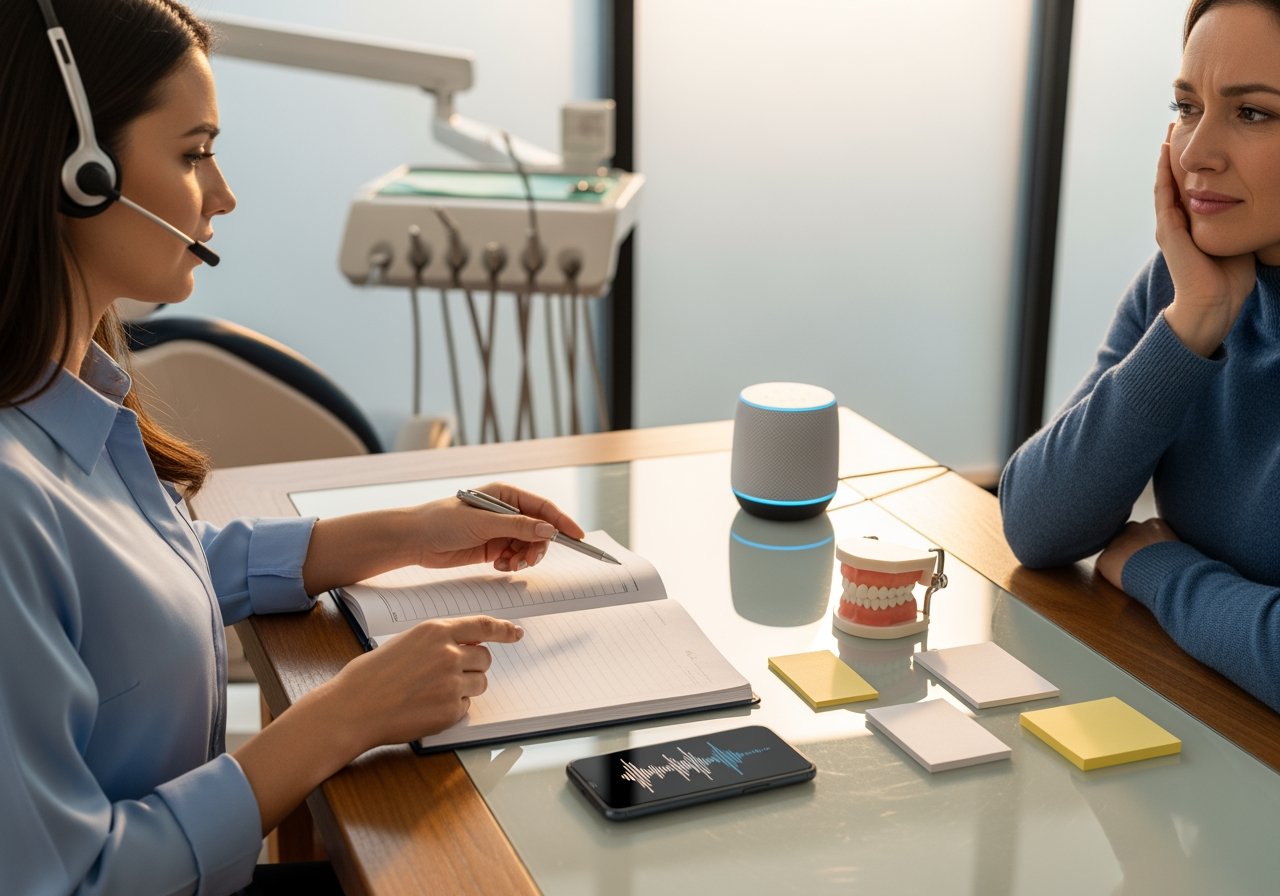Customer support consultation with an AI-powered virtual assistant, featuring a woman wearing a headset and a client discussing in a modern office setting.