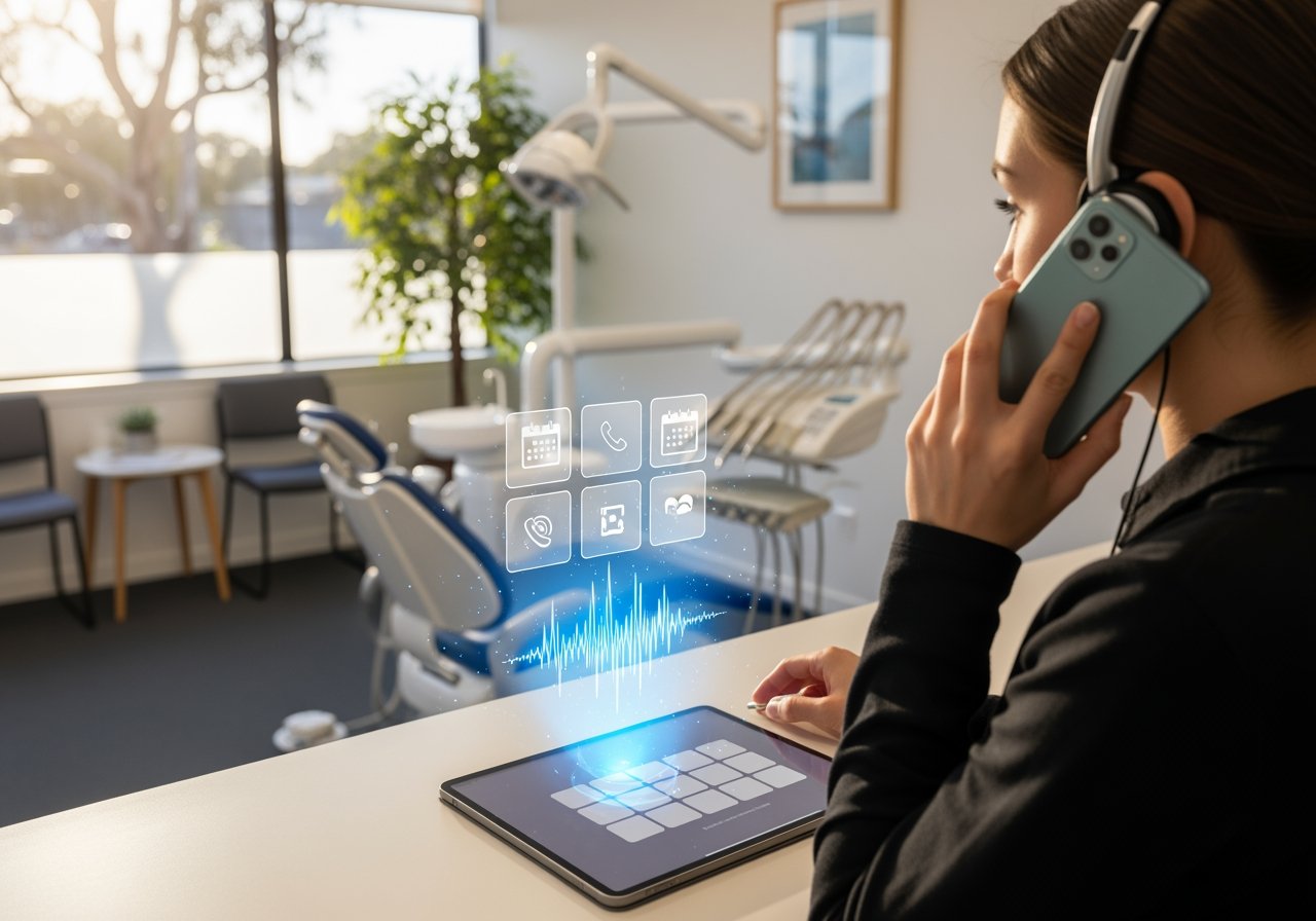 Woman wearing a headset using a tablet with virtual icons representing telehealth, remote patient monitoring, and digital healthcare services in a modern medical office.