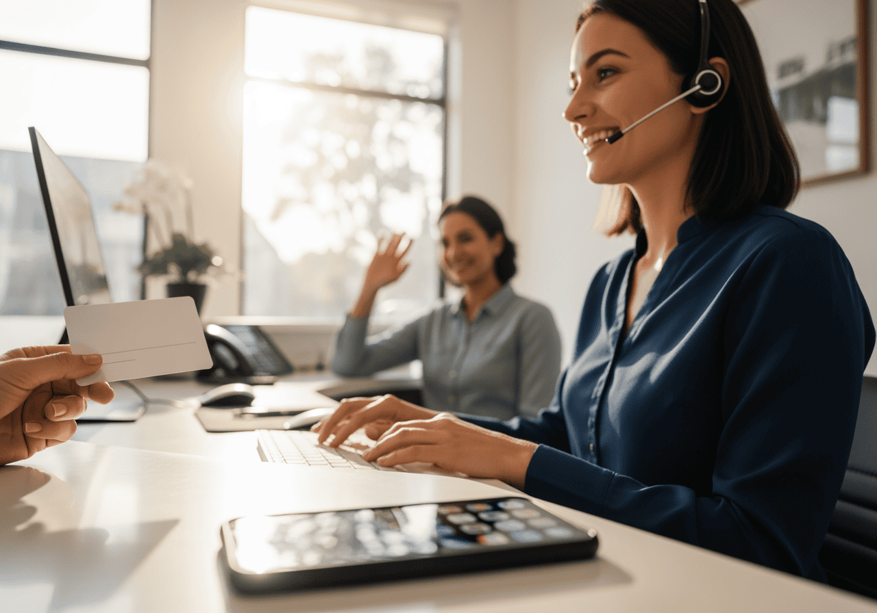 Friendly customer support agents using headsets at a modern office desk, providing assistance for AI Dial communication solutions, highlighting professional service and technology.