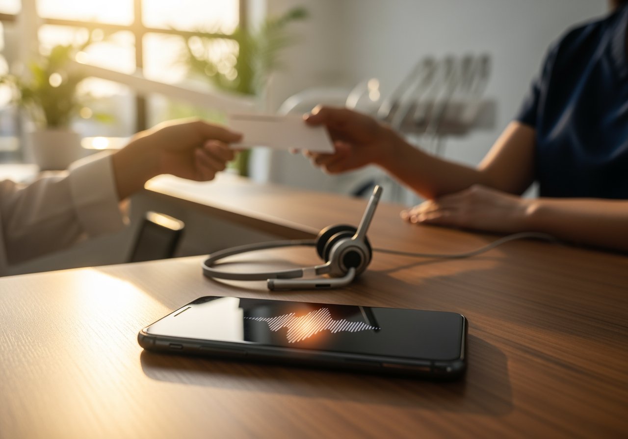 Business professional handing over a document during a phone call at a modern office, with a smartphone and headset on the table, representing AI Dial's communication solutions.