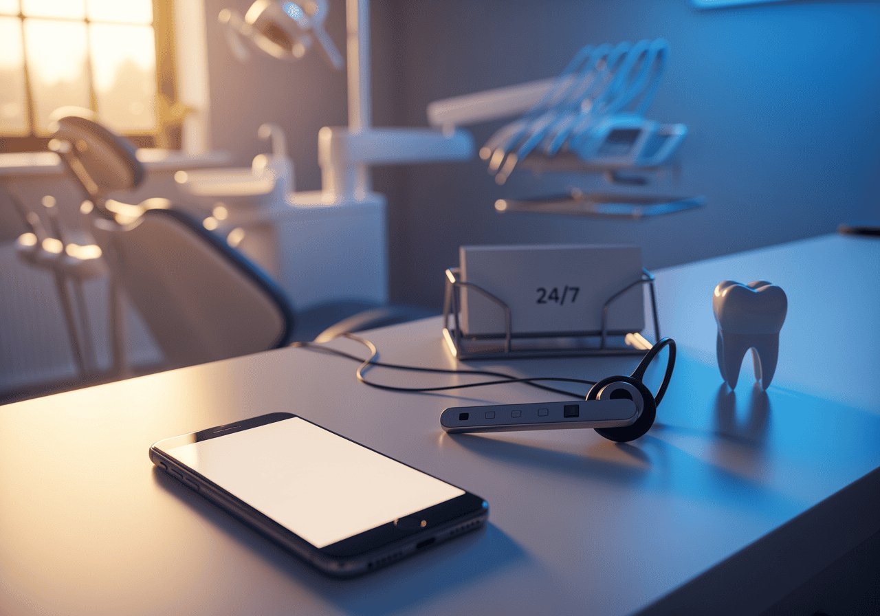 A clean, modern dental office setup featuring dental instruments, a tablet, and a headset, highlighting advanced dental care and patient communication technology.