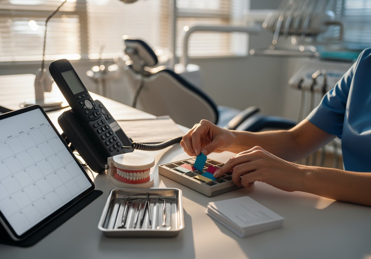 A dental professional using a calculator and dental models at a reception desk, with dental equipment and a tablet in the background.