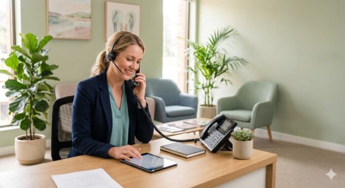 Friendly customer support agent using a headset at her desk, providing professional assistance in a modern, well-lit office environment.