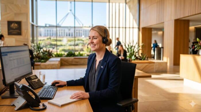 Friendly customer support agent wearing a headset at a modern office desk, providing assistance with AI-powered communication solutions for businesses.