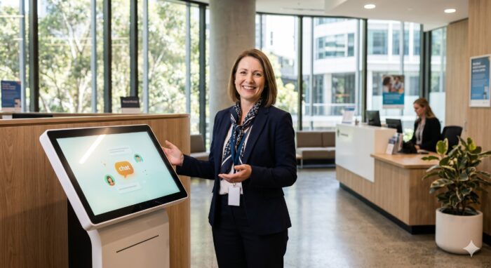An image of a smiling woman using an AI-powered customer service kiosk in a bright, modern office lobby with large windows and contemporary decor.