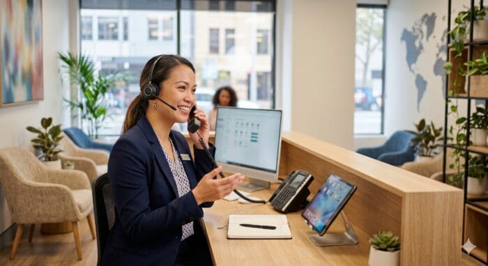 Friendly customer support agent with headset assisting clients at a modern reception desk, showcasing AI-powered communication solutions for business efficiency.