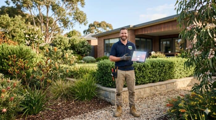 AiDial technician in a garden, holding a tablet device, providing technical support or installation services in a lush, landscaped environment.