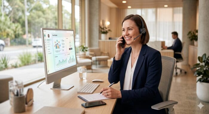 Professional customer support agent using AI-powered call center software with headset, providing assistance in a modern office environment for enhanced communication and service.