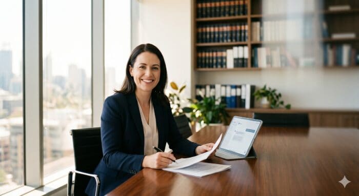 Professional woman in business attire smiling at the camera during a meeting in a bright, modern office with large windows, a tablet, and documents on the table, representing AiDial's business soluti.