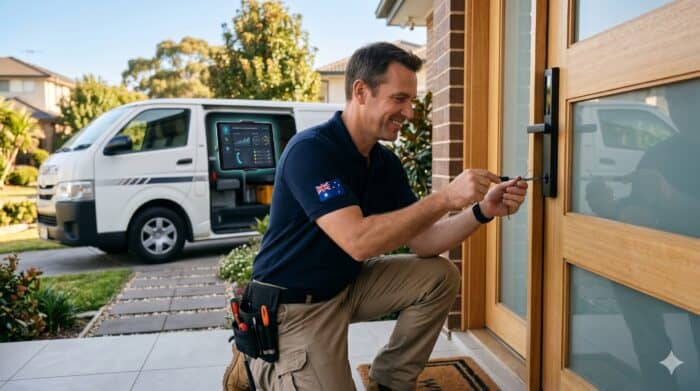 A technician installing a smart doorbell camera on a residential front door, demonstrating home automation technology for enhanced security and convenience.