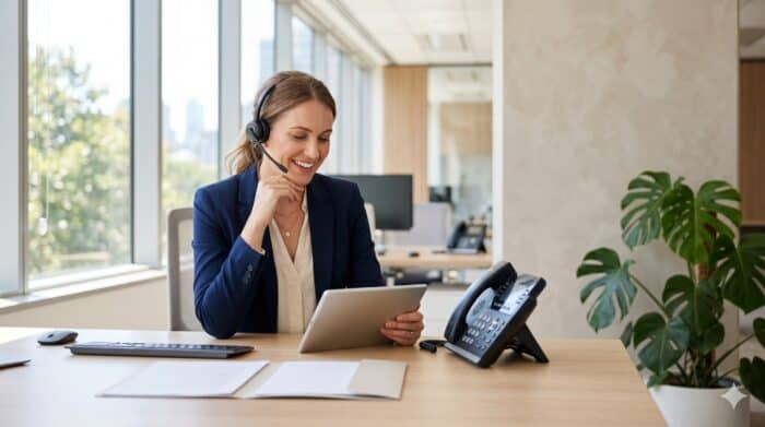 An AI-powered customer support agent wearing a headset, working on a tablet at a modern office desk, representing AI-driven communication solutions for businesses.