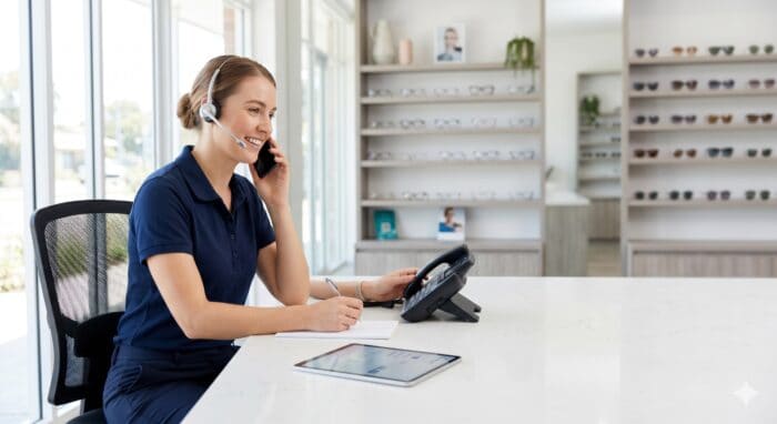 Customer service agent wearing headset and smiling while working at a call center desk, providing support and assistance to customers in a professional office environment.