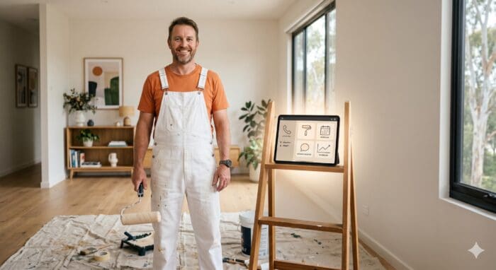 A cheerful man in white overalls standing in a modern, well-lit living space with painting tools and a digital art display, showcasing home improvement and interior design.