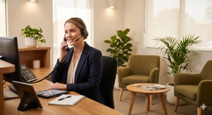 Friendly customer support agent wearing a headset, working at a modern office desk with a computer, representing professional call center services and customer care.