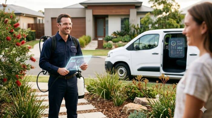 A technician in a smart home setting holding a digital tablet, demonstrating home automation technology to a homeowner in front of a modern house and a connected smart van.