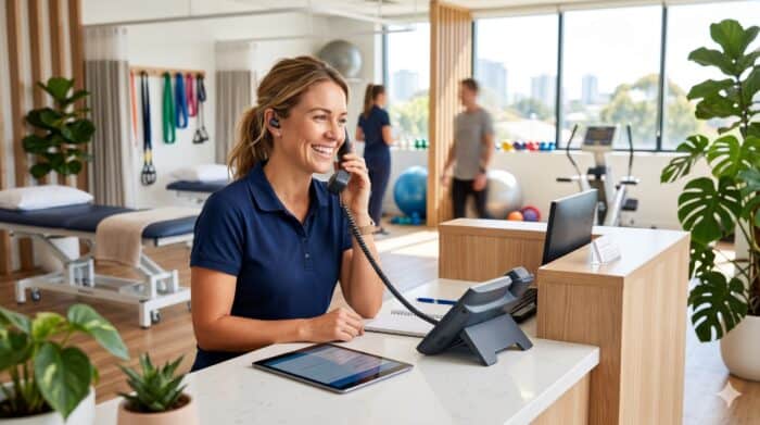 Friendly female receptionist at a physiotherapy clinic using a landline phone, with a tablet on the counter, surrounded by fitness equipment and therapy beds in the background.